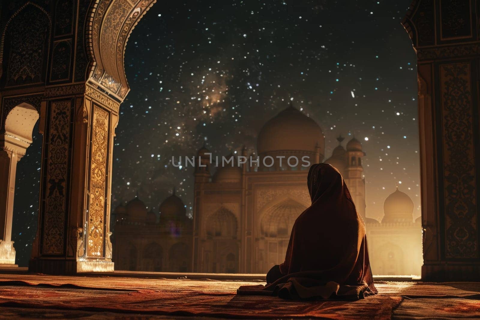 A lone figure meditates during Ramadan, enveloped by the tranquility of a star-filled night within an ornate mosque.