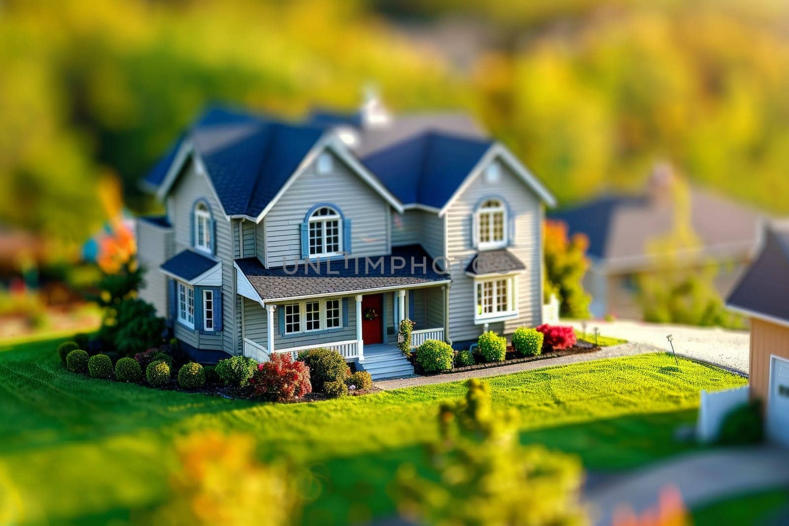 A detailed model of a quaint house featuring a vivid red door, standing out against the neutral tones of the structure.