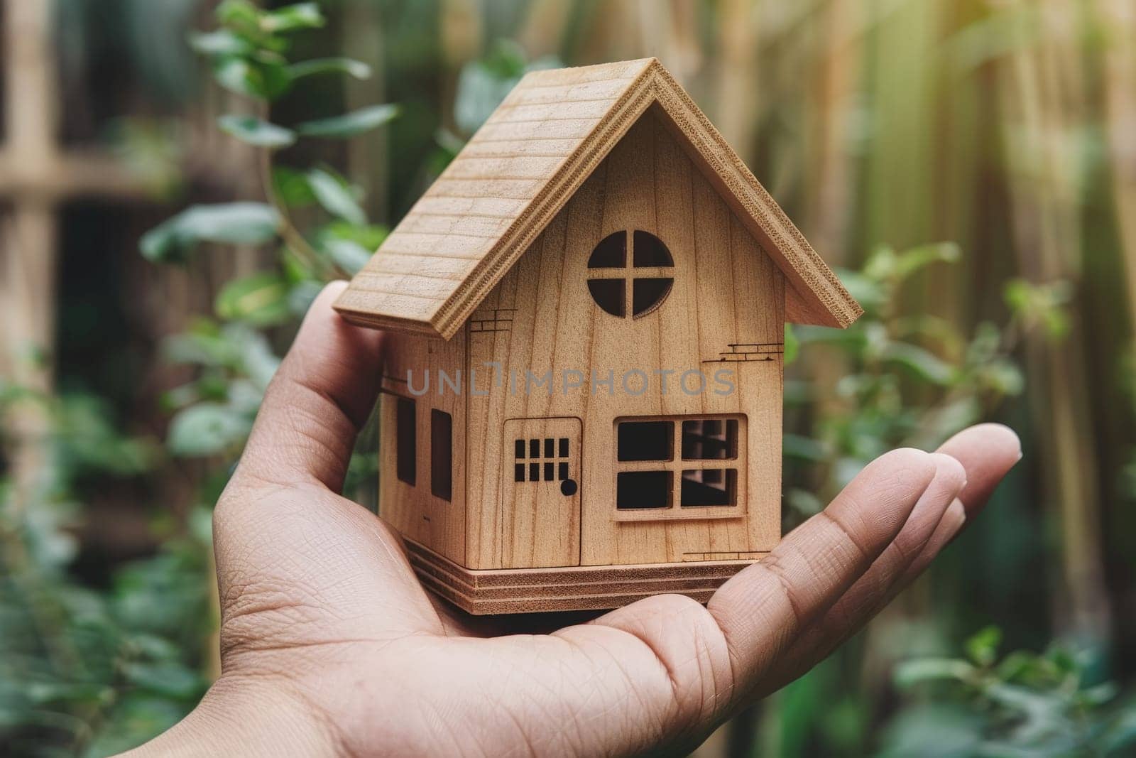In this whimsical scene, a person delicately cradles a small wooden house in the palm of their hand, showcasing a sense of wonder and charm.