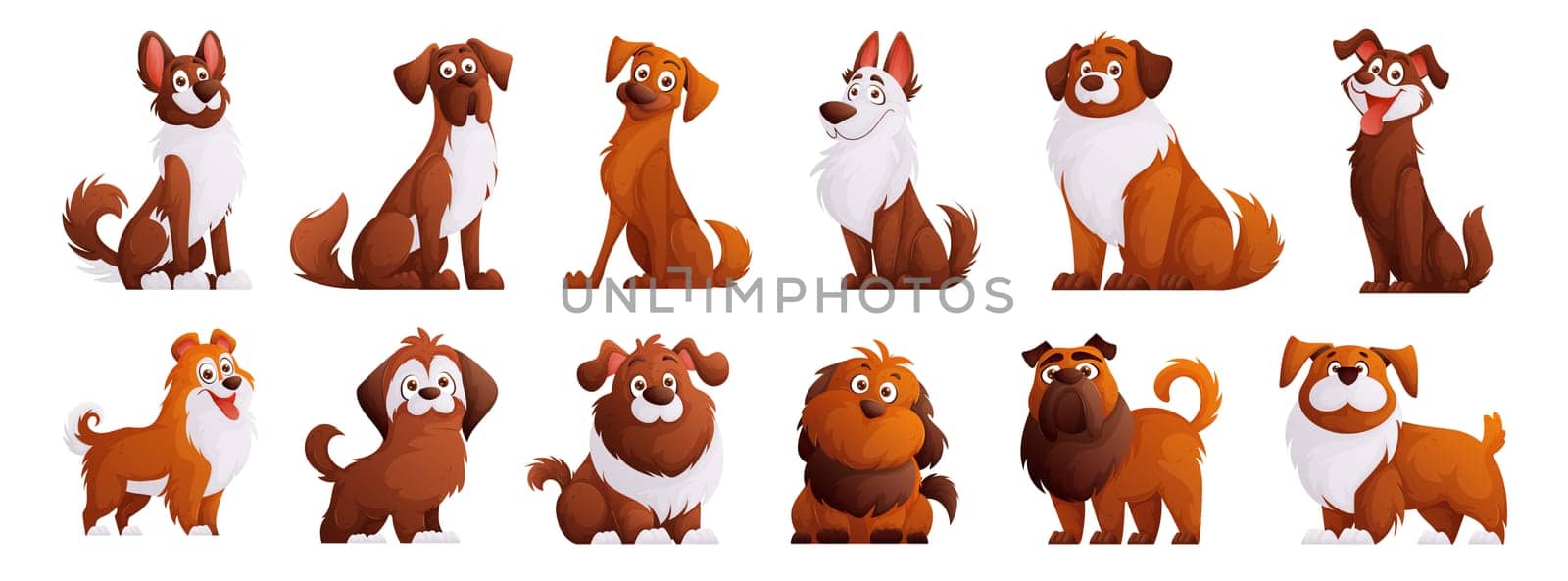 Cute brown dogs vector set. Cartoon characters of dogs or puppies create a collection with different breeds.