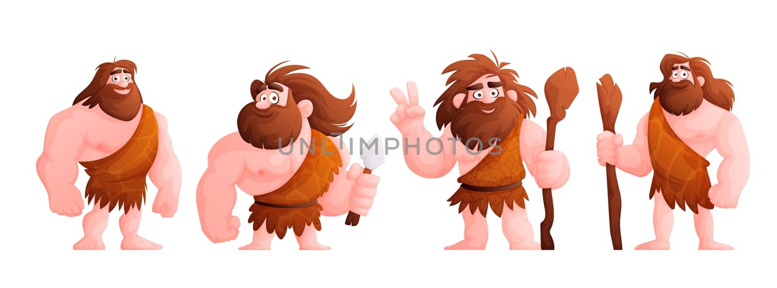 Cave man, prehistoric primitive people in stone age cartoon set. Neanderthal in the skin of an animal with a club in his hand. Primitive man character