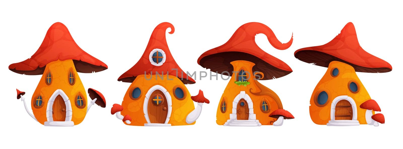 Set of magic forest or garden tiny home made from fungus with grass and flowers. Fantasy fairytale gnome or animal mushroom house.