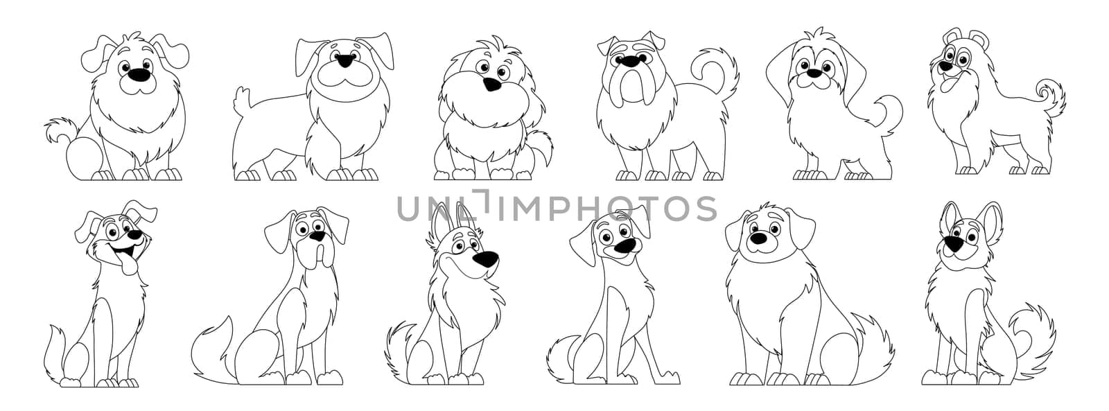 Dogs Vector Set in Lineart Style. Cartoon Characters of Dogs or Puppies Creating a Collection with Different Breeds. Set of Funny Pets.