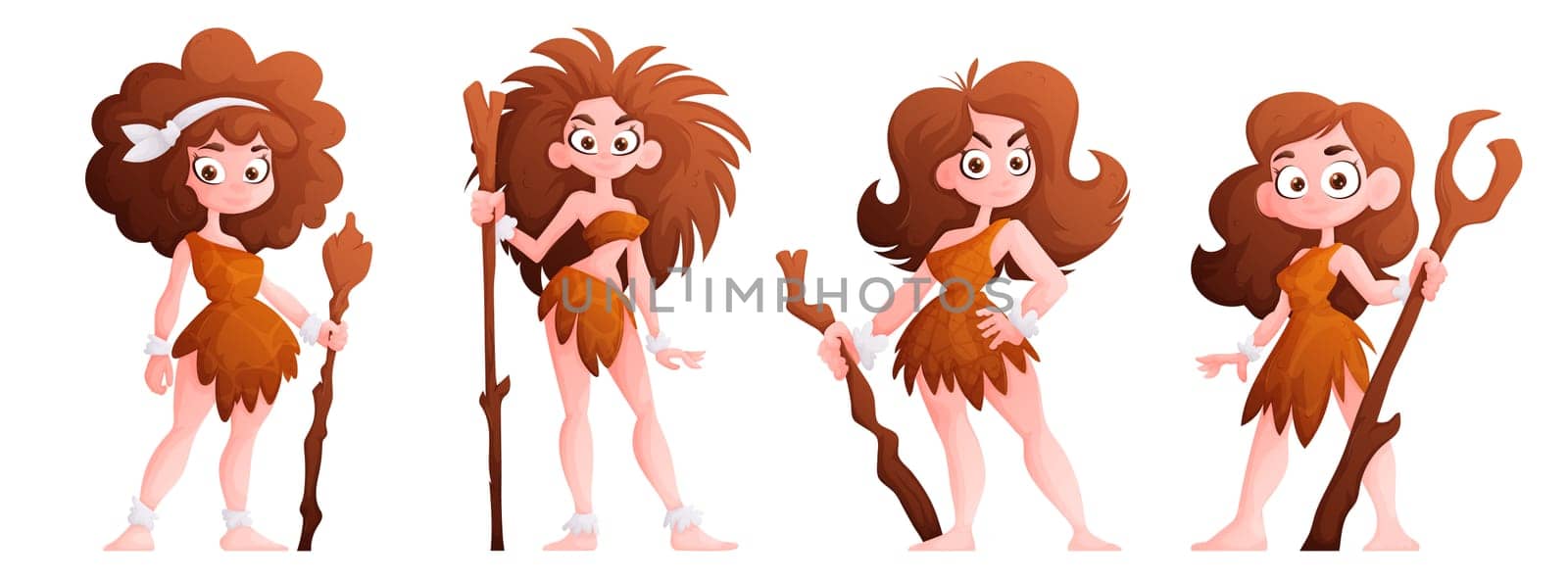 Primitive woman character, prehistoric primitive people in stone age cartoon set. Neanderthal girl in the skin of an animal with a club in her hand.