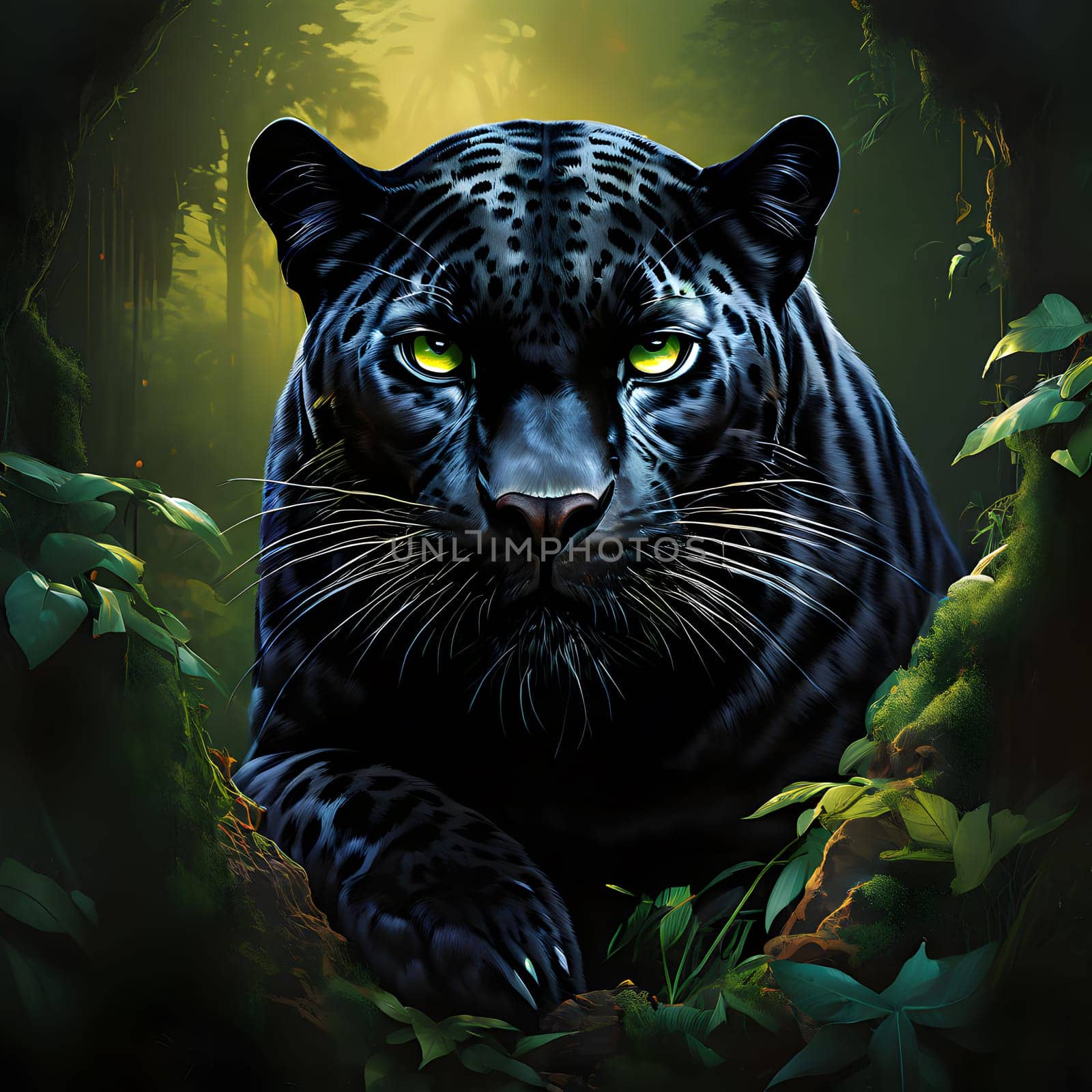 A black panther sneaks through the undergrowth looking for food
