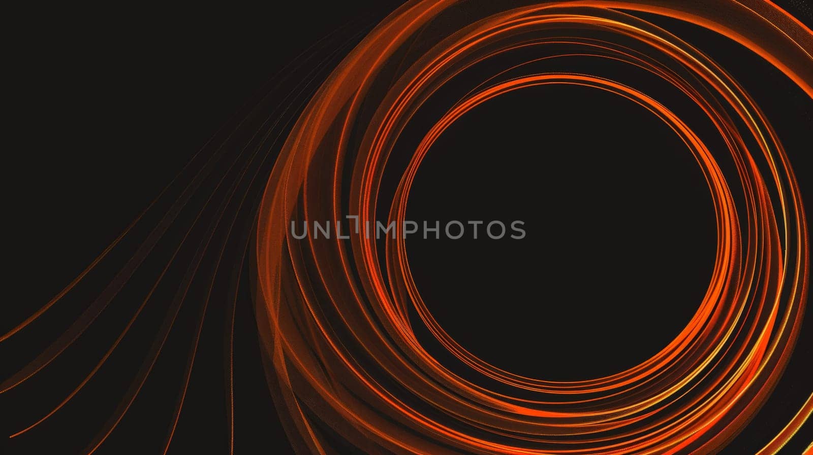 Immerse yourself in the dynamic energy of abstract circle lines, forming a vibrant orange wave against a stark black background. This vector illustration encapsulates the essence of technology, science, music, and modernity, offering a visual symphony of innovation and creativity.