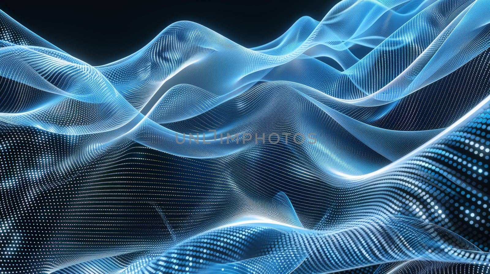 Behold the enchanting spectacle of flowing dot particles, crafting a mesmerizing 3D curve pattern in hues of blue and white against a stark black backdrop. This vector illustration embodies the essence of AI technology, science, and music, offering a visual symphony of innovation and creativity.