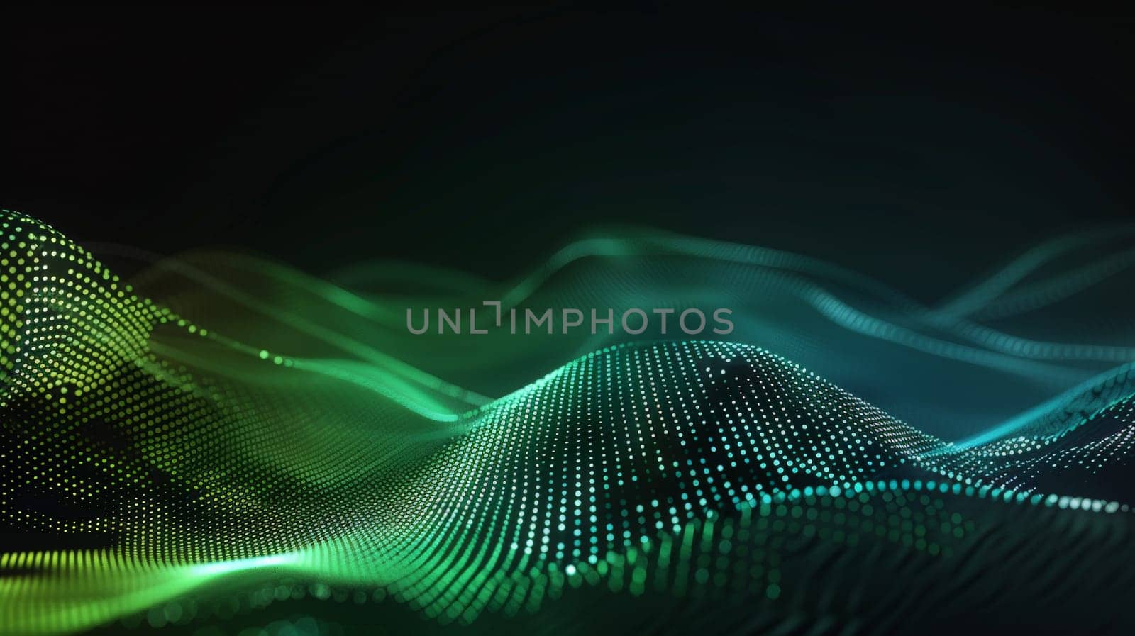 Immerse yourself in the mesmerizing dance of flowing dot particles, forming a 3D curve pattern against a backdrop of blue and green gradient light. Isolated on a black background, this captivating vector illustration embodies the fusion of AI technology, science, and music, offering a glimpse into the harmony of innovation and creativity.