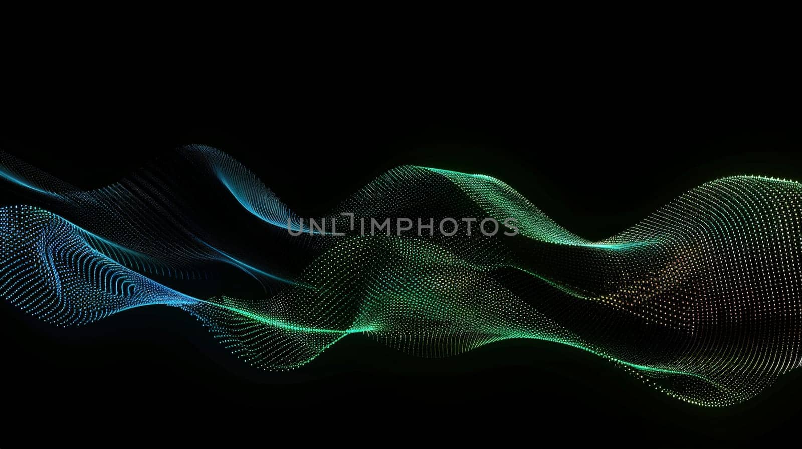 Dive into the mesmerizing flow of dot particles, shaping a 3D sinus curve pattern in vibrant blue and green hues against a striking black background. This vector illustration embodies the essence of AI technology, science, and music, offering a harmonious fusion of innovation and creativity.