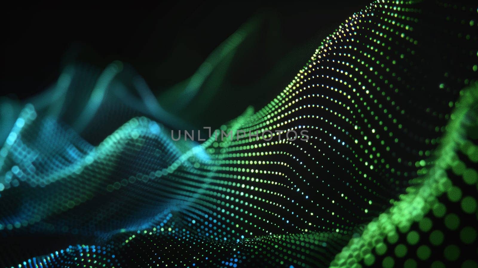 Dive into the mesmerizing flow of dot particles, shaping a 3D sinus curve pattern in vibrant blue and green hues against a striking black background. This vector illustration embodies the essence of AI technology, science, and music, offering a harmonious fusion of innovation and creativity.