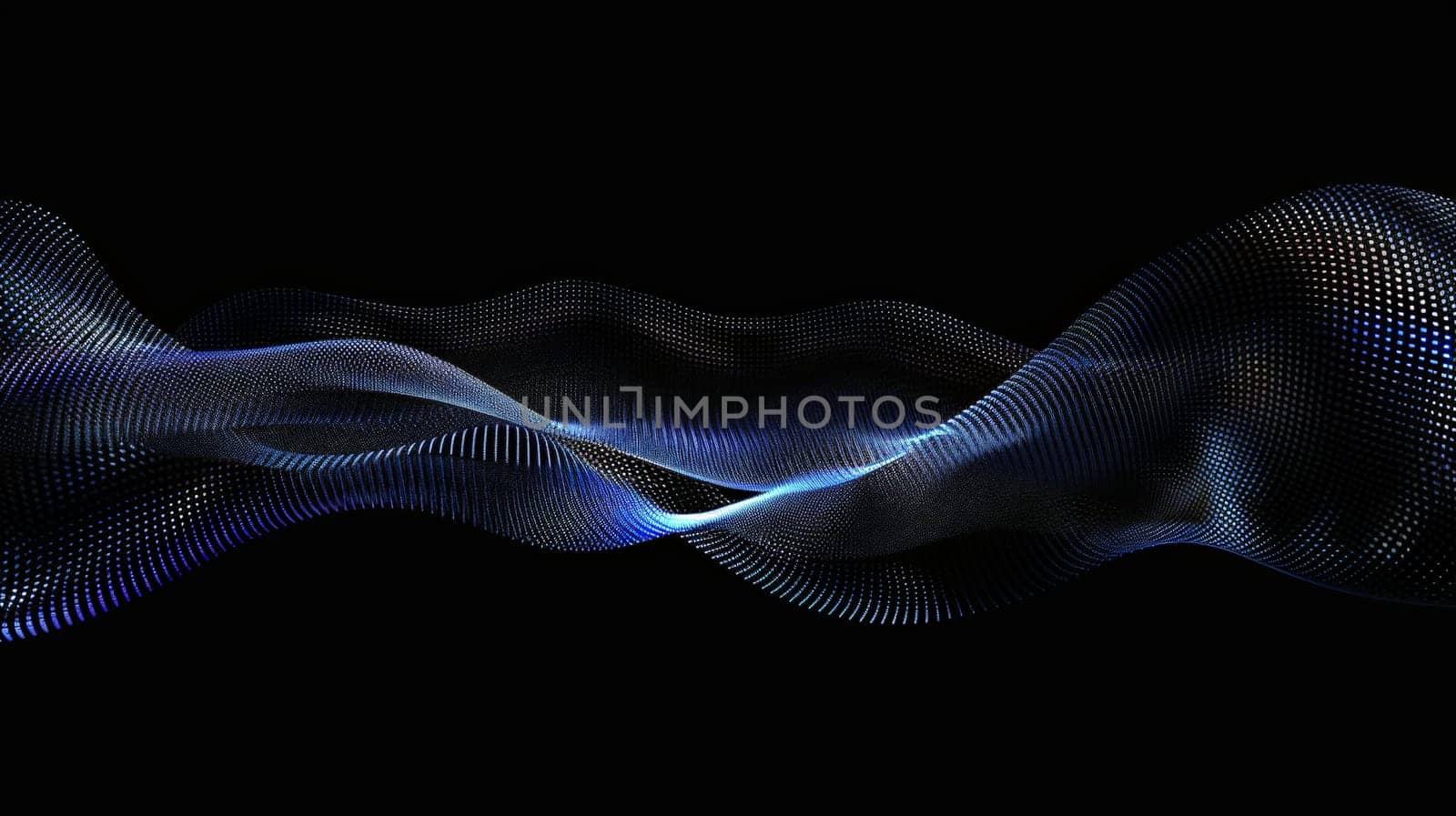 Behold the enchanting spectacle of flowing dot particles, crafting a mesmerizing 3D curve pattern in hues of blue and white against a stark black backdrop. This vector illustration embodies the essence of AI technology, science, and music, offering a visual symphony of innovation and creativity.