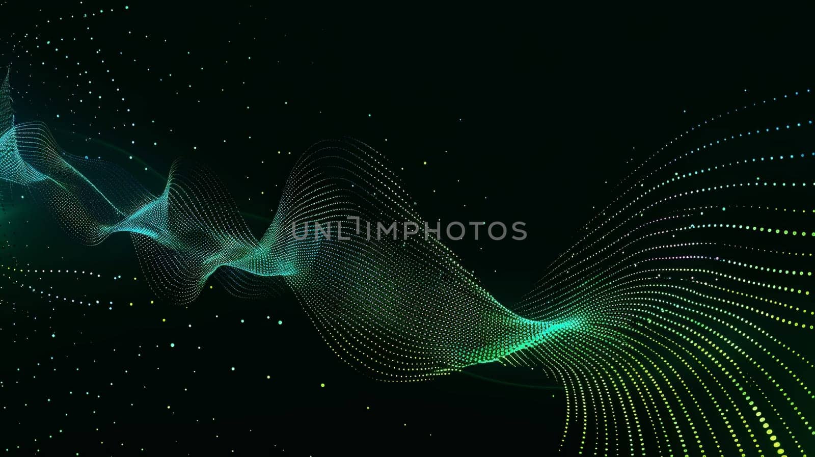Immerse yourself in the mesmerizing dance of flowing dot particles, forming a 3D curve pattern against a backdrop of blue and green gradient light. Isolated on a black background, this captivating vector illustration embodies the fusion of AI technology, science, and music, offering a glimpse into the harmony of innovation and creativity.