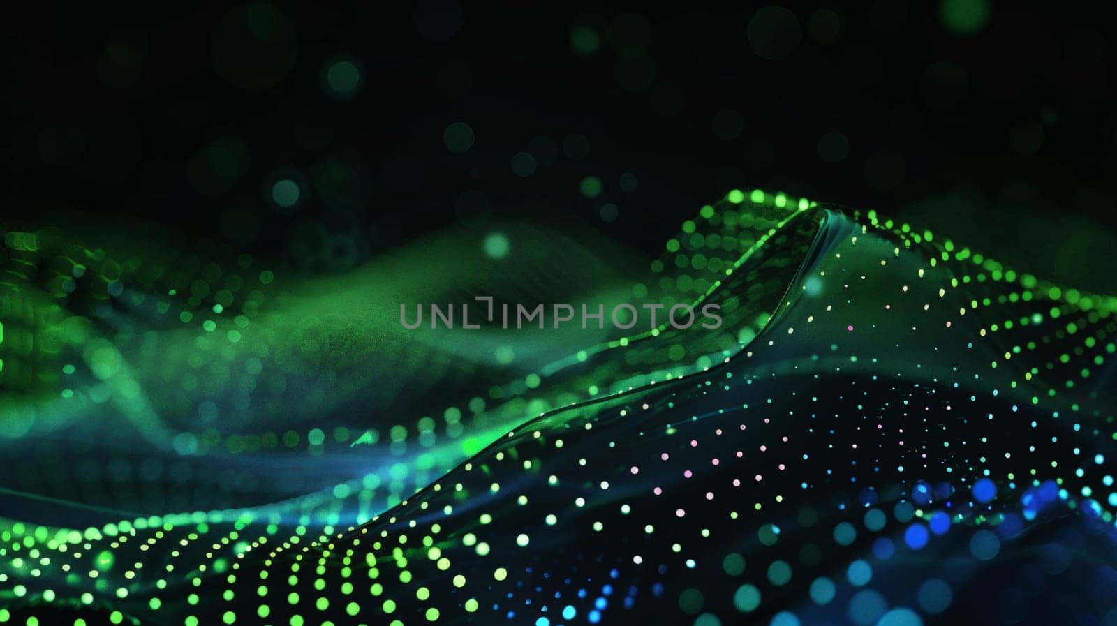 Immerse yourself in the mesmerizing dance of flowing dot particles, forming a 3D curve pattern against a backdrop of blue and green gradient light. Isolated on a black background, this captivating vector illustration embodies the fusion of AI technology, science, and music, offering a glimpse into the harmony of innovation and creativity.