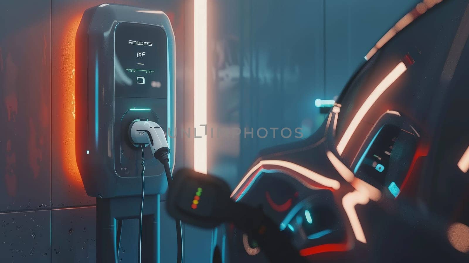 Dive into the forefront of automotive innovation with an electrifying image showcasing a power supply connected to an electric vehicle charging battery. This EV charging station, designed for electric and plug-in hybrid cars, epitomizes cutting-edge technology and sustainable transportation concepts.