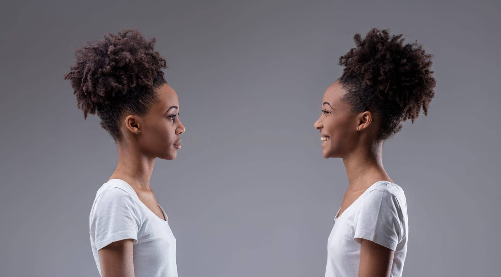 Judgement and joy clash in a visual self-dialogue between two expressions of the same black woman