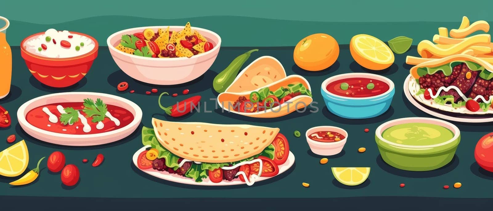 An abundant spread of classic Mexican dishes, including tacos, nachos, salsas, and citrus-infused accompaniments, creating a vibrant and mouth-watering feast