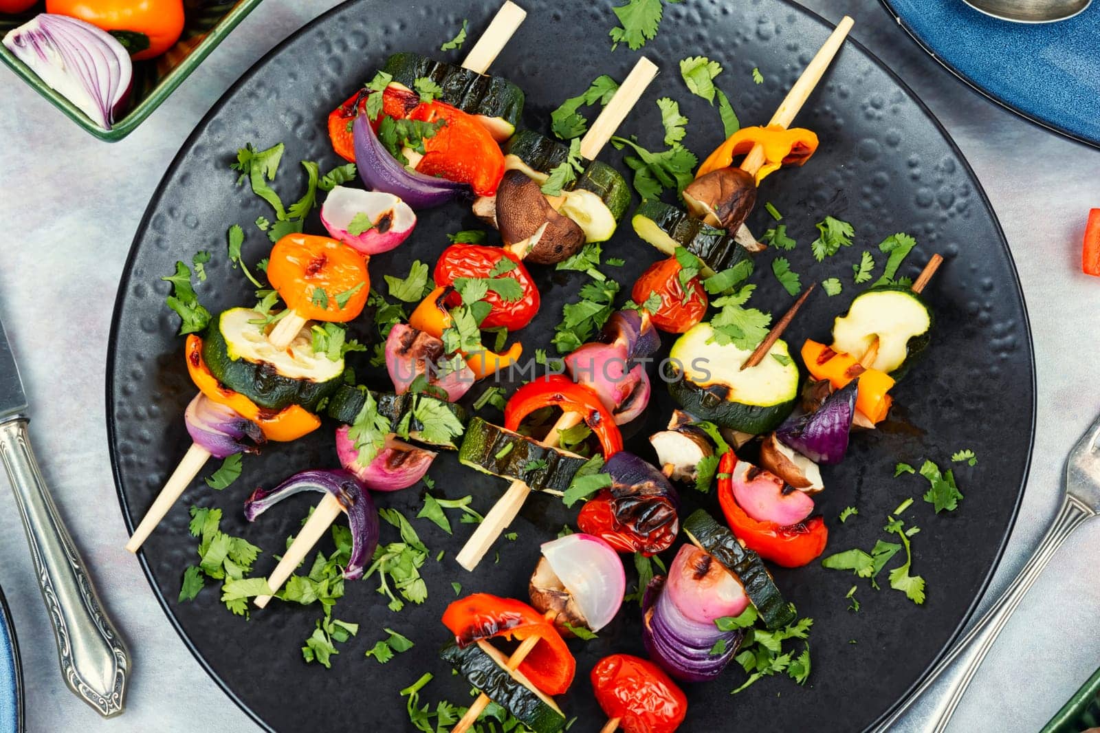 Vegetable skewers, grilled vegetables or barbecue vegetables on wooden skewers.