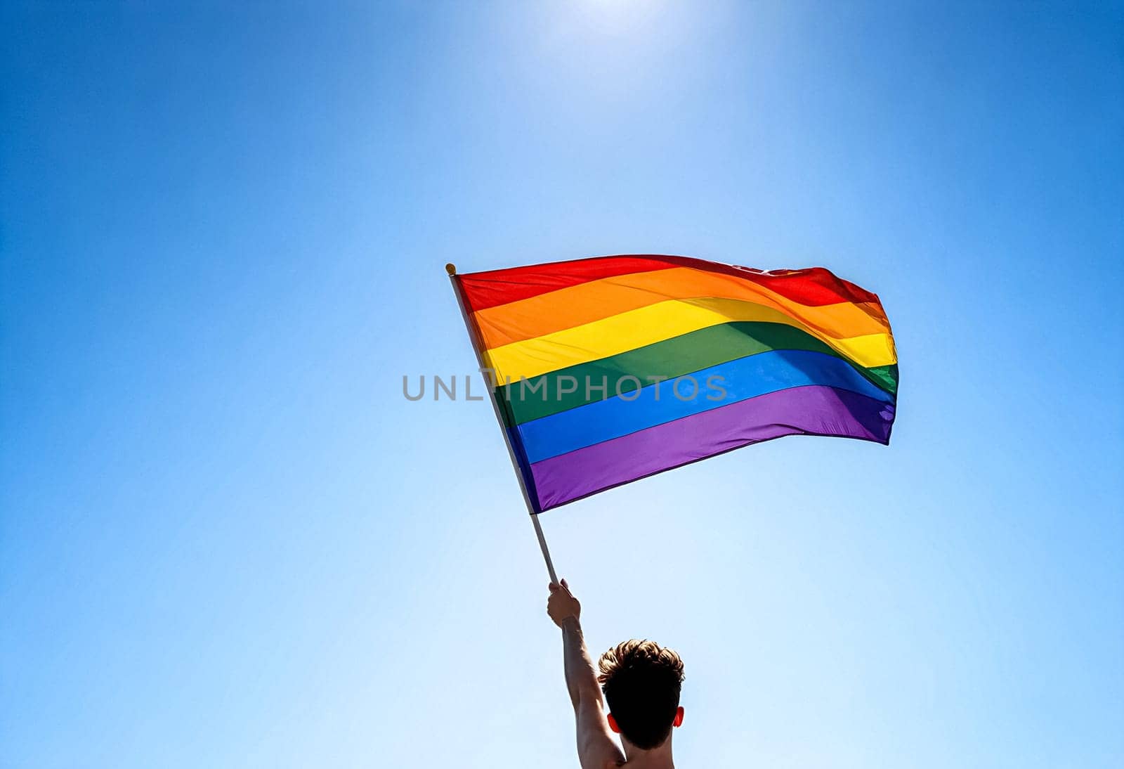 AI generated of a man holding a rainbow flag in the sky with sun