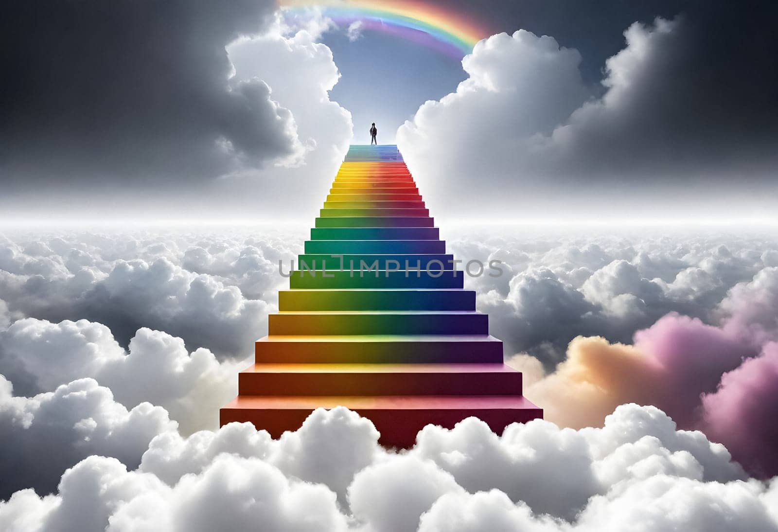 AI generated of a person standing on a rainbow ladder in the sky
