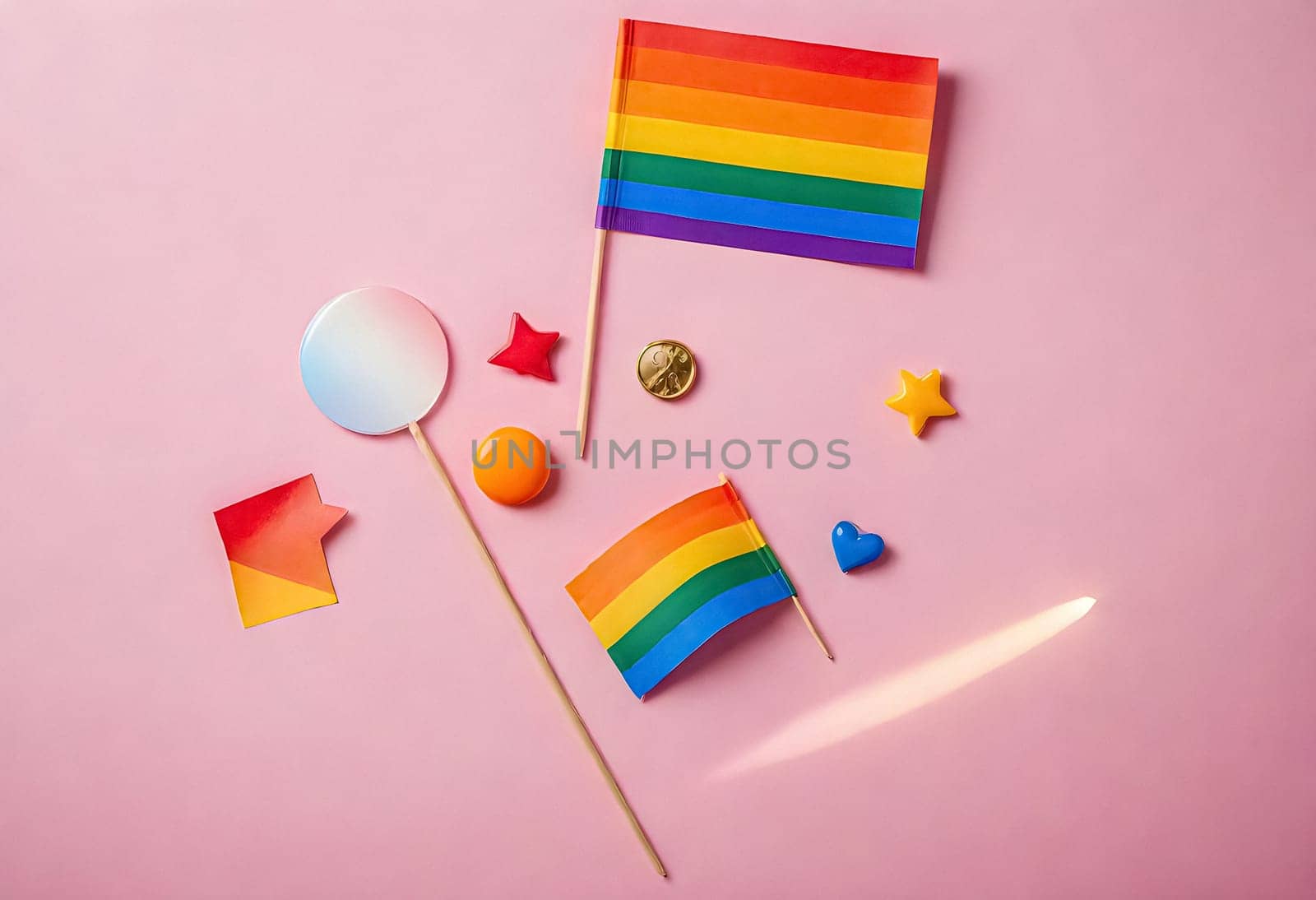 AI generated of a rainbow flag, a rainbow flag pin, and other items on a pink background