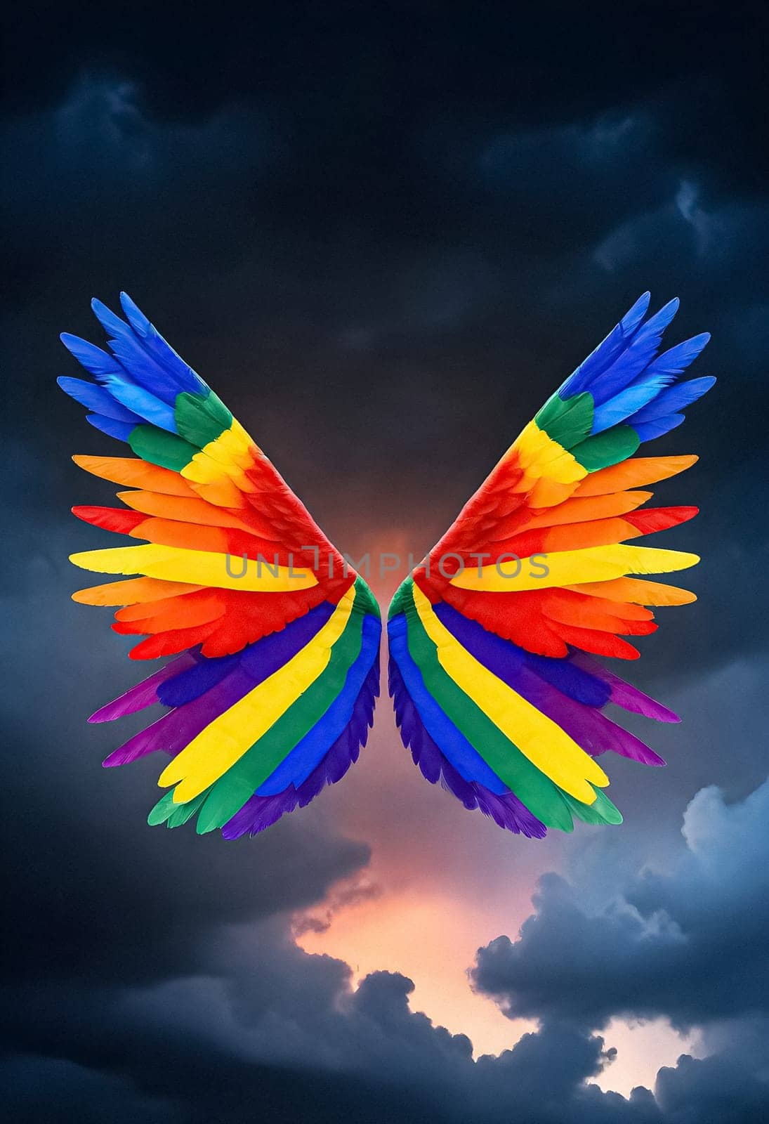 AI generated of rainbow angel wings on a cloudy sky with a rainbow background