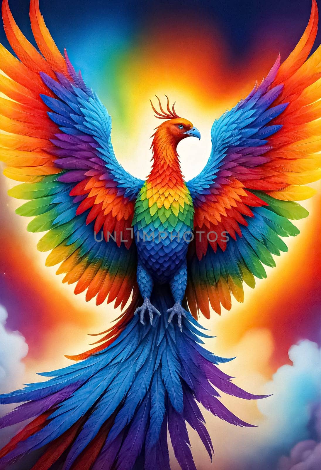 AI generated of a colorful image of a colorful firebird with a rainbow on it