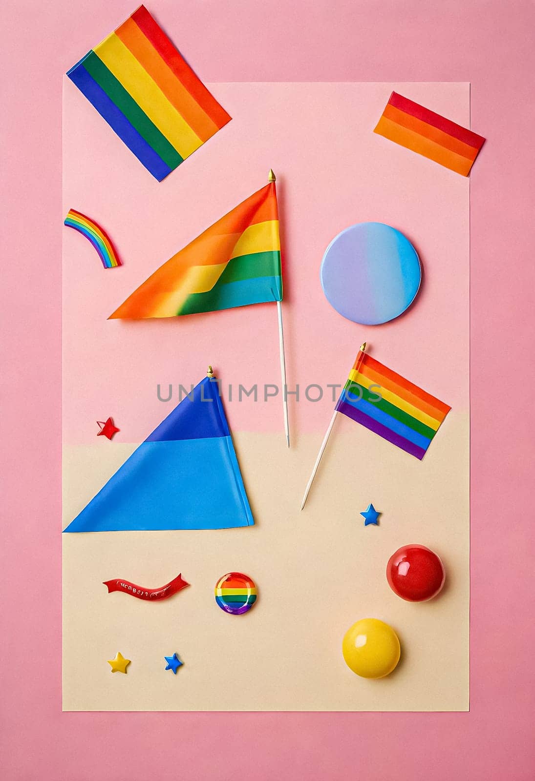 AI generated of a rainbow flag, rainbow pins, and other items on a pink background