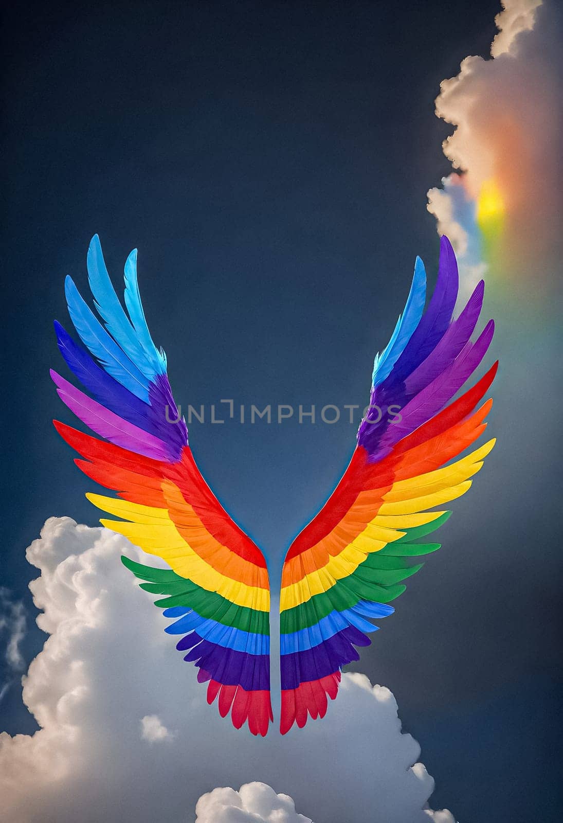 AI generated of rainbow wings in the sky with a rainbow in the background