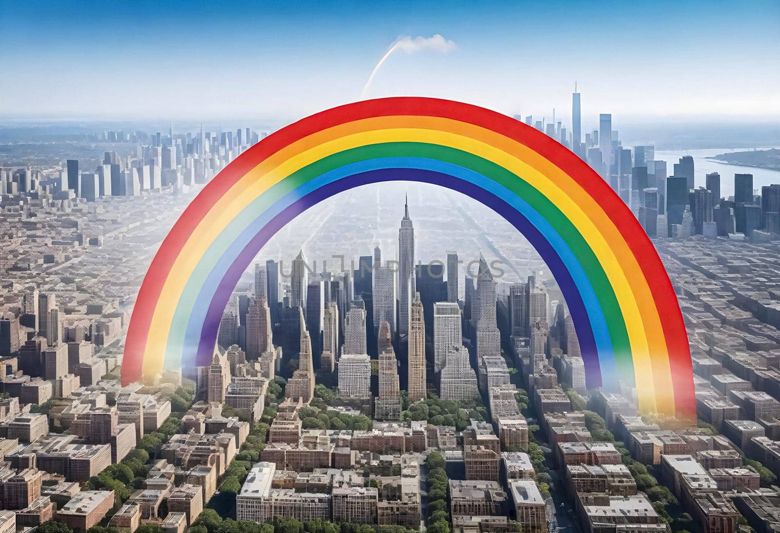 AI generated of rainbow in the sky over a city with buildings in the background
