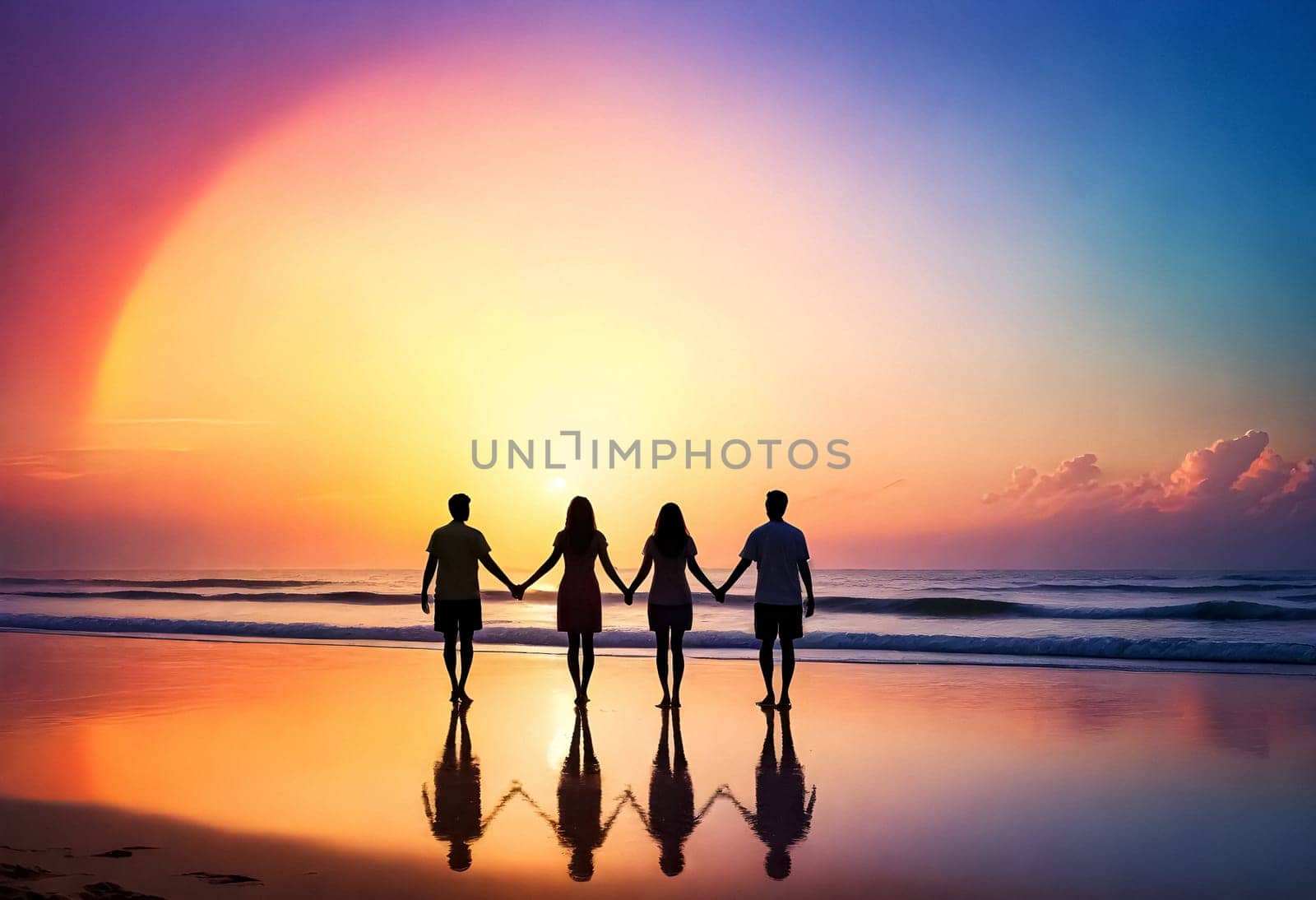 AI generated of a group of people standing on the beach holding hands