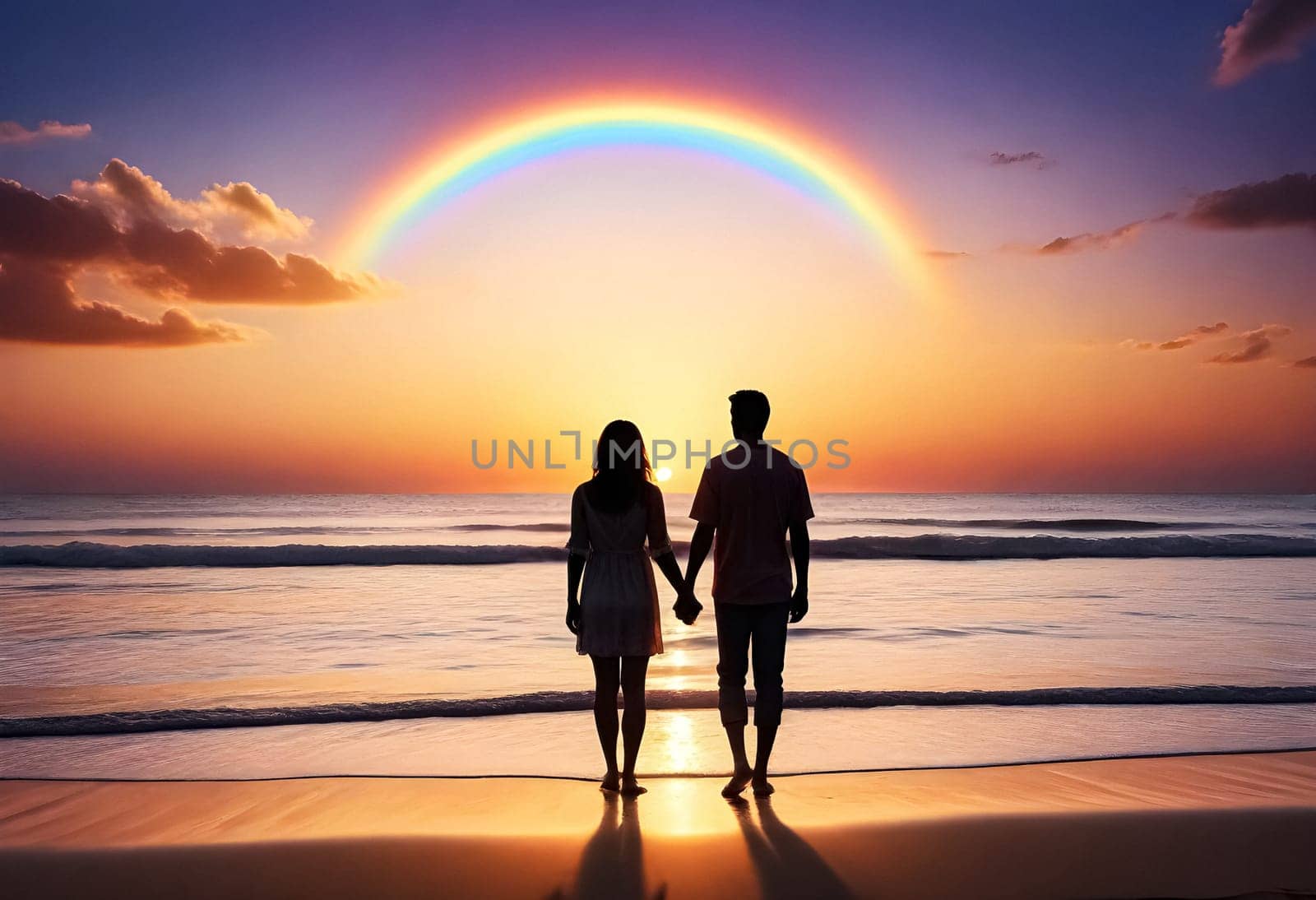 AI generated of couple holding hands on the beach at sunset with rainbow