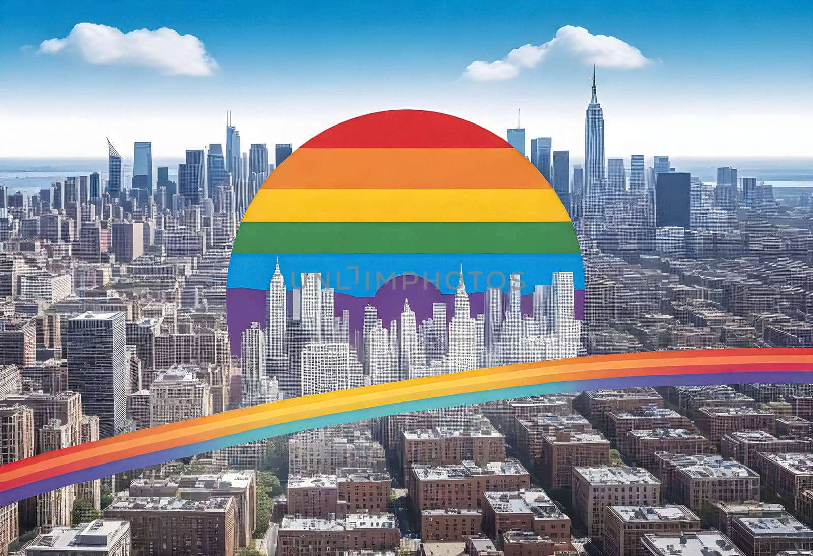 AI generated of a rainbow in the sky over a city with a rainbow in the middle