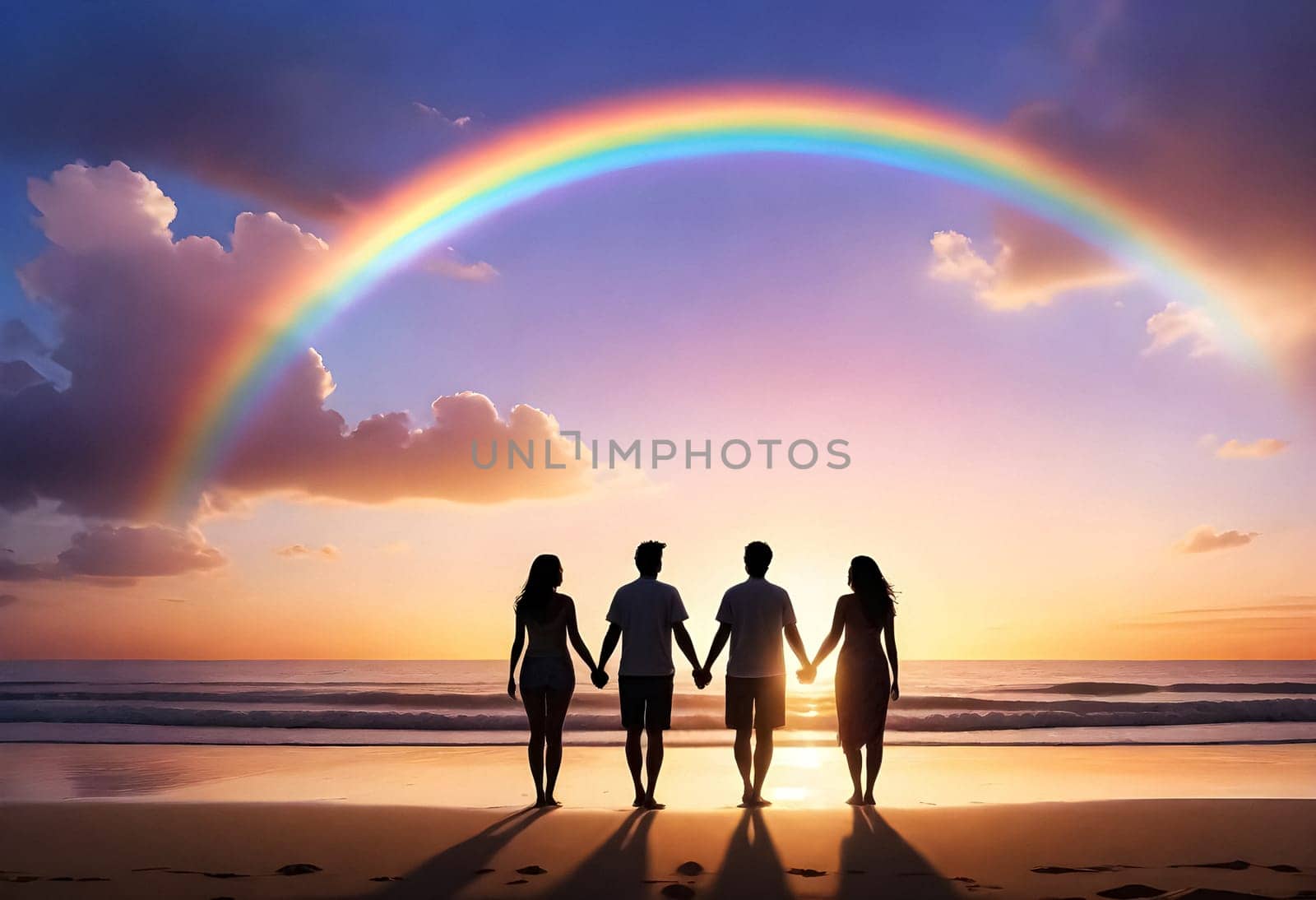 AI generated of four people standing on the beach holding hands in front of a rainbow