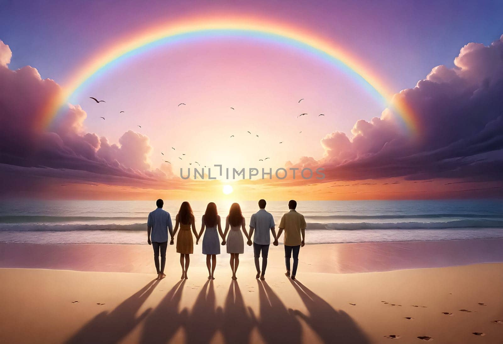 AI generated of a group of people standing on the beach with a rainbow in the sky