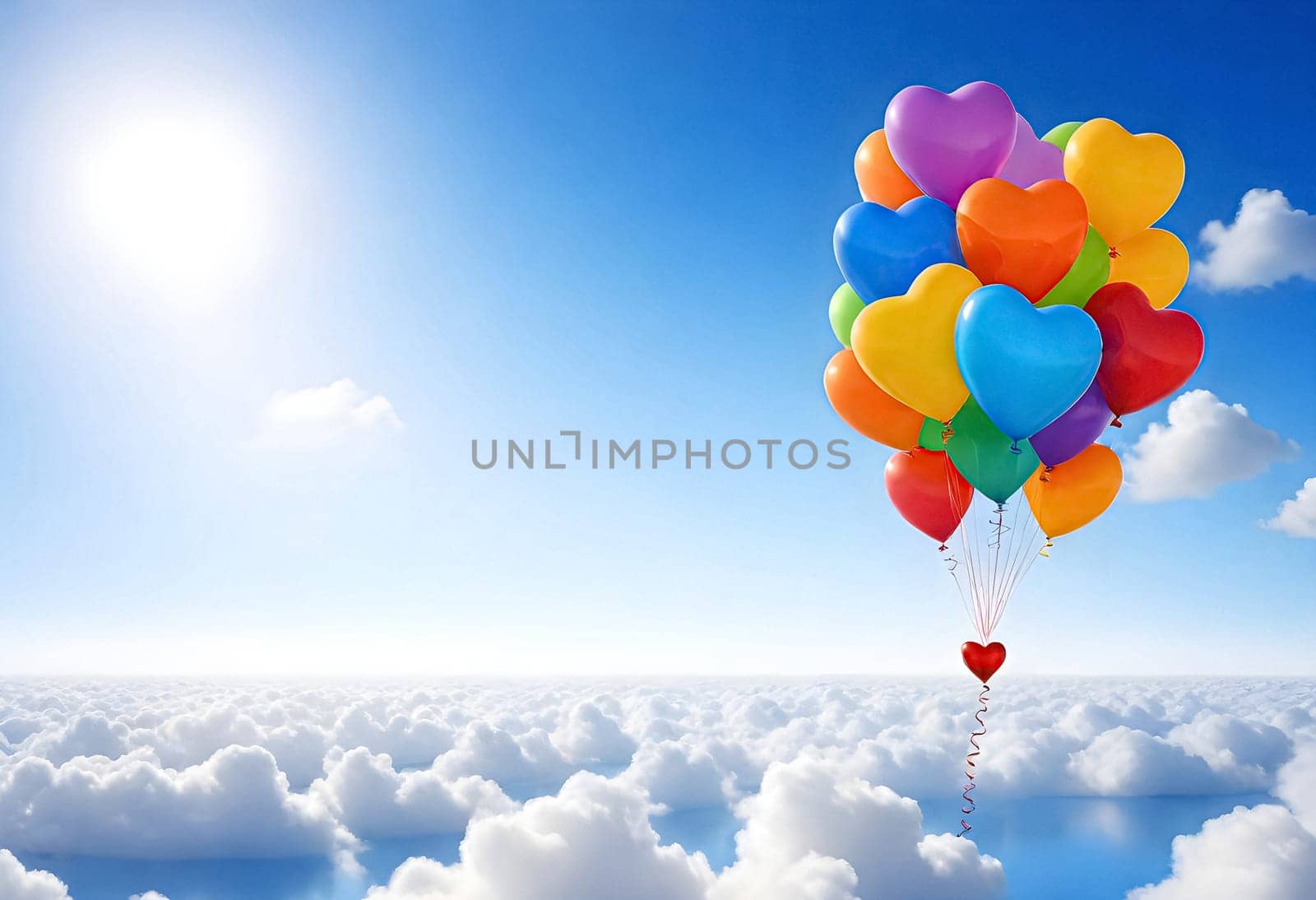 AI generated of a heart shaped colorful balloons floating in the sky above the clouds