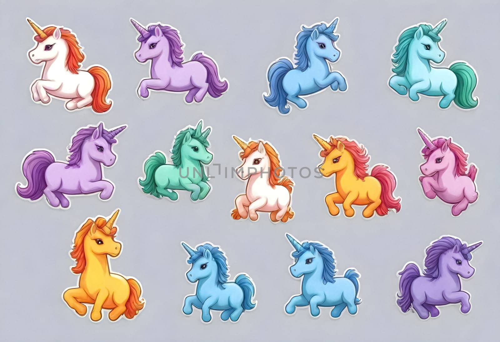 AI generated of a collection of colorful unicorns with different colors on gray background