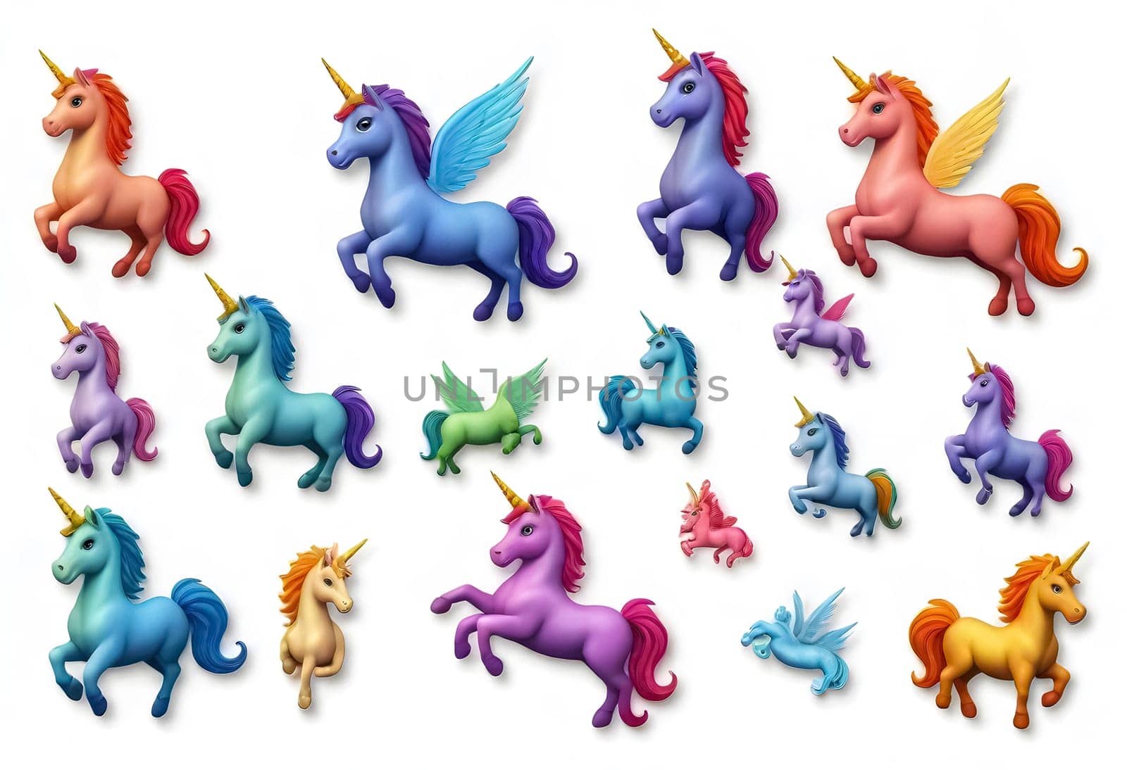 AI generated of a collection of unicorns stickers set isolated on white background