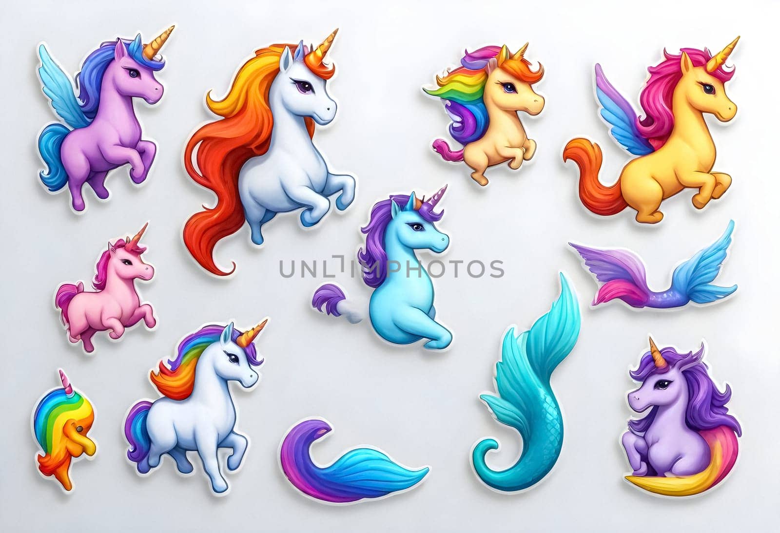 AI generated of a collection of unicorn stickers set on white background