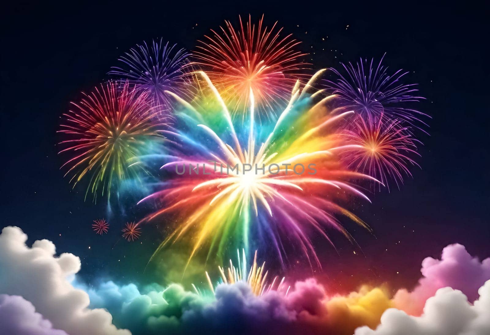 AI generated of colorful fireworks in the dark sky with clouds