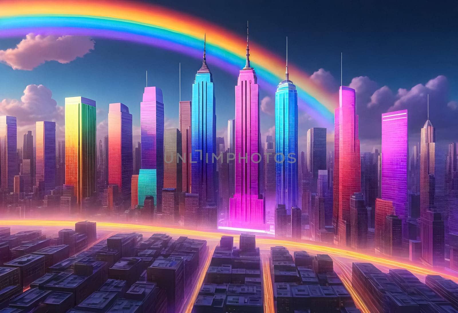 AI generated of a rainbow is shown in the sky above a city