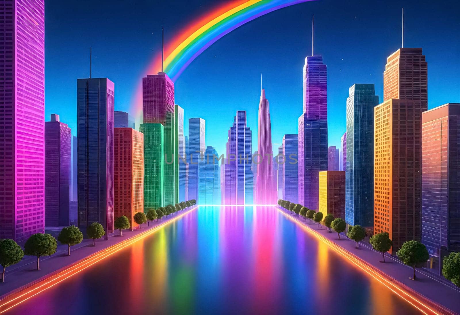 AI generated of rainbow over city skyline with skyscrapers and rainbow