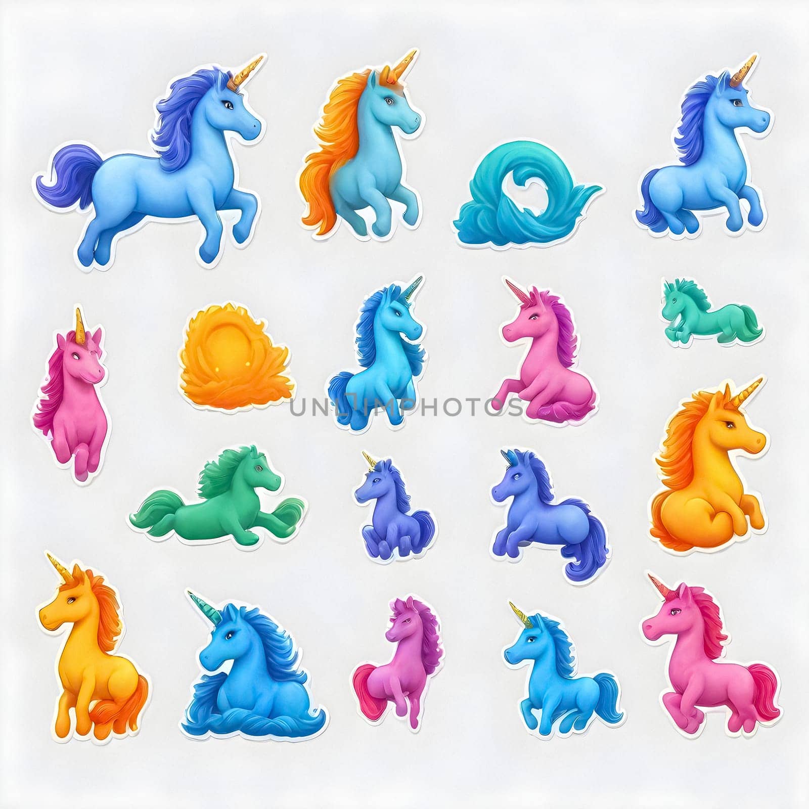 AI generated of a collection of colorful unicorns set with rainbow color