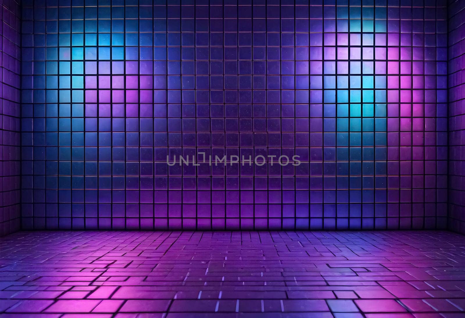 AI generated of a purple tiled wall with a purple background with a purple and blue light