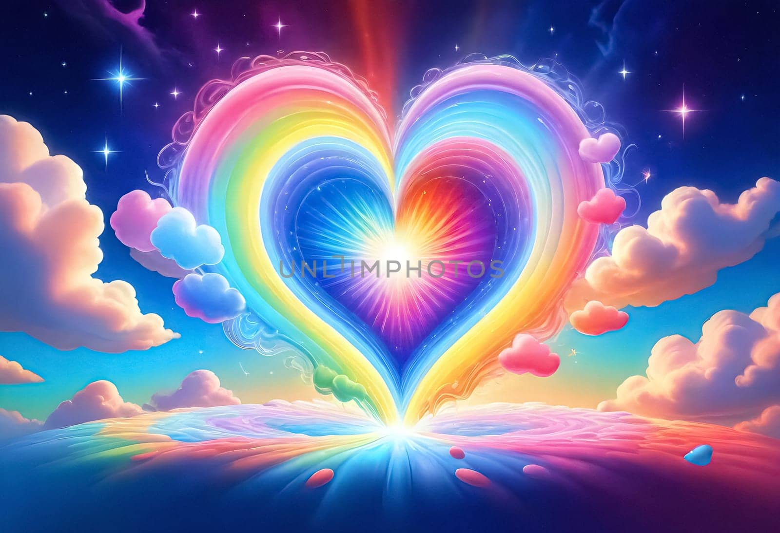 AI generated of a heart shaped rainbow colored heart with clouds and stars