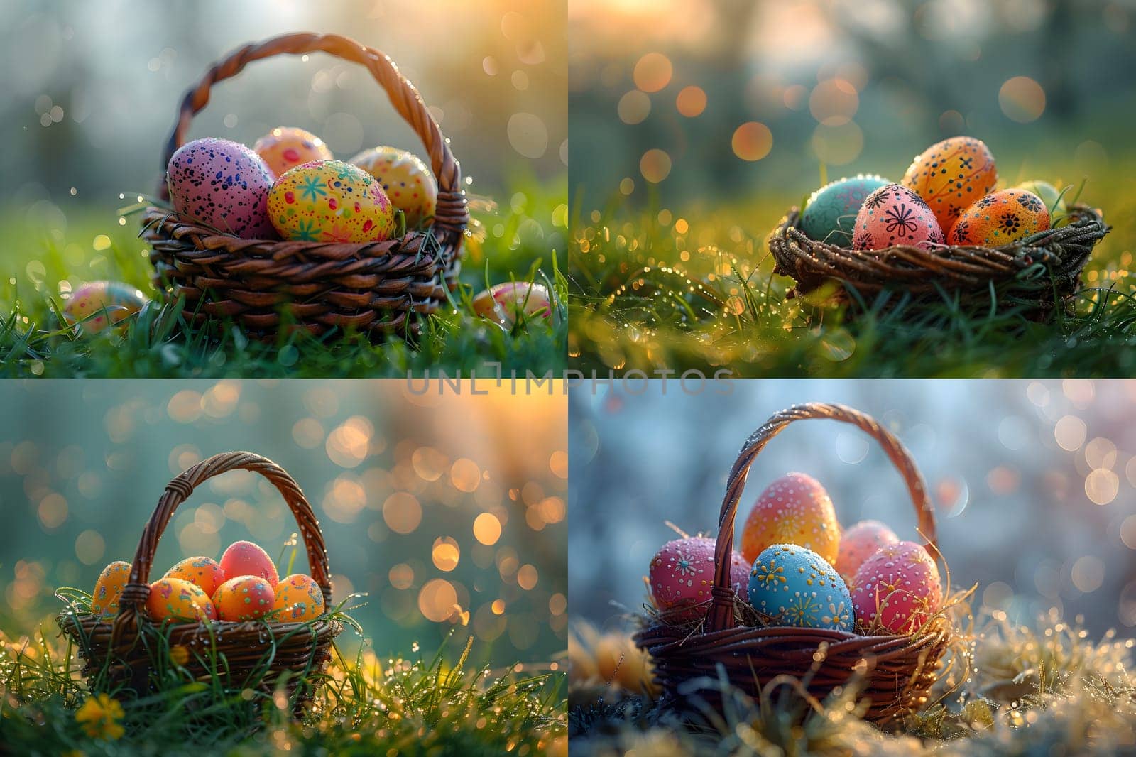 Easter basket eggs, On the grass in the morning there is a soft blurred background with beautiful patterns and colorful to be used on the celebration of the new beginning of life, Generative Ai