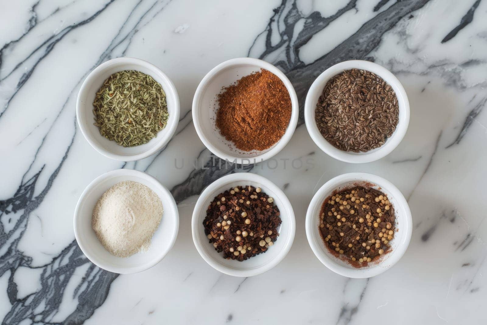 Six bowls of vibrant spices are elegantly arranged on a sleek marble countertop, creating a visually captivating display.
