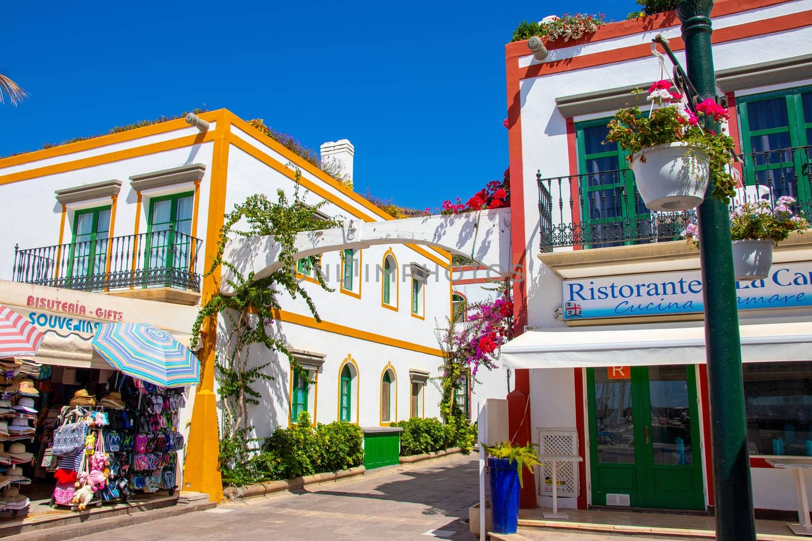 Gran Canaria, Spain, Sep 16, 2018. Puerto de Mogan, also called little Venice, with a small fishing harbour, romantic alleys and beautiful architecture. Popular town with shopping facilities, restaurants and pubs.
