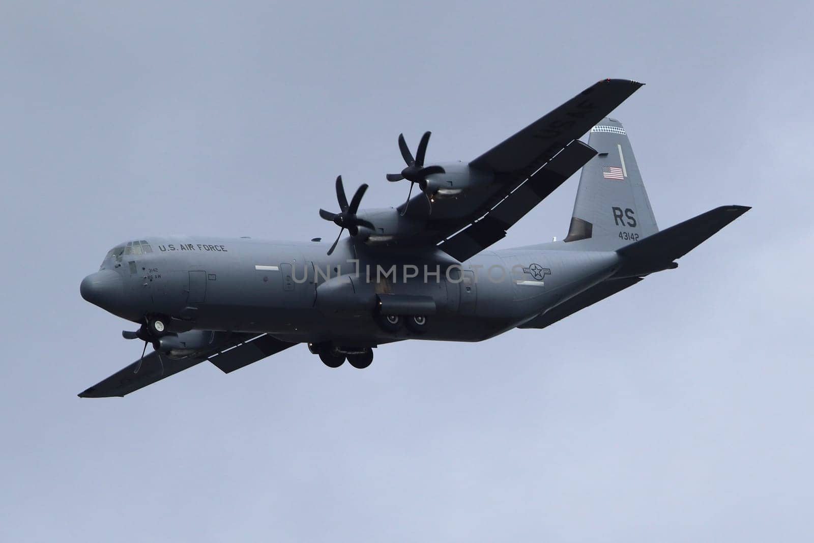 Kaiserslautern, Germany August 15, 2019: A US Air Force Lockheed C-130 Hercules approaching Ramstein Air Base