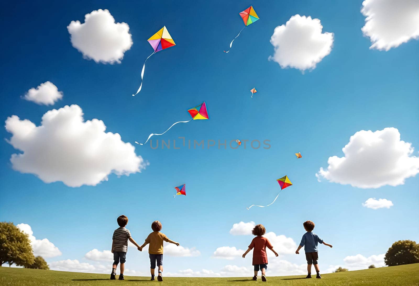 AI generated of four children are flying kites in a field with clouds and a sky with clouds