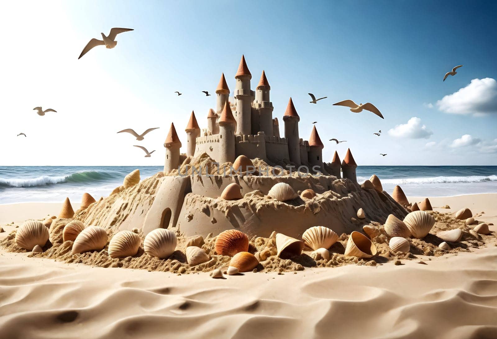 AI generated of a castle made of sand sits on a beach with shells and seagulls flying above it